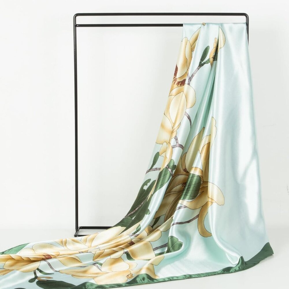 Women's Green/Cream Head Scarf Like Silk Printed Square Hair Bandanas 35 Inches - Picture 5 of 7